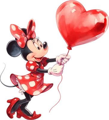 Minnie Mouse hoạt hình dễ thương mặc váy chấm bi đỏ, cầm bóng bay hình trái tim màu đỏ tươi trên nền xám.