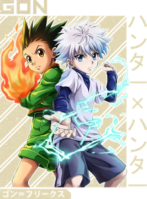 Hai nhân vật anime Gon và Killua từ Hunter x Hunter, Gon có lửa bao quanh, Killua có sét, đứng quay lưng vào nhau.