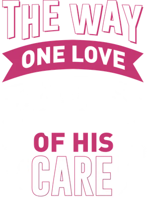 Hình ảnh typography với câu nói 'The Way One Love Is The Reflection Of His Care' trên nền xám, chữ màu hồng và trắng, trang trí lá cây.