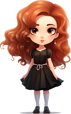 Hình minh họa cô bé hoạt hình chibi tóc xoăn nâu đỏ, mắt to tròn, mặc váy đen và đi giày búp bê, đứng trên nền xám.