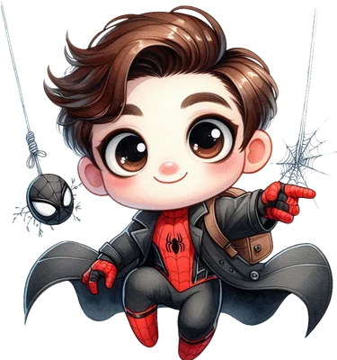 Hình ảnh cậu bé Spider-Man phong cách chibi dễ thương, mặc đồ đen đỏ, đang chỉ tay, có mặt nạ và mạng nhện.