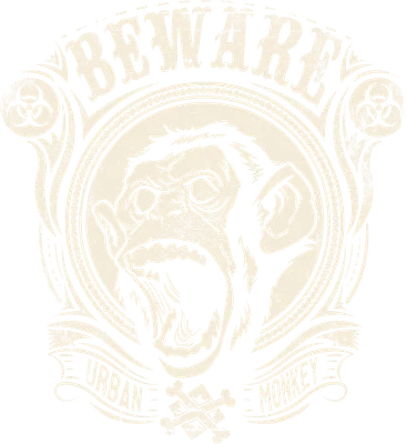 Hình minh họa đầu khỉ gầm thét với chữ BEWARE URBAN MONKEY phong cách vintage cổ điển
