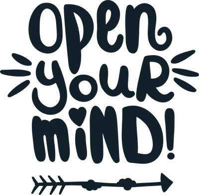 Hình in chuyển nhiệt với dòng chữ "Open Your Mind" và biểu tượng mũi tên