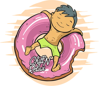 Cậu bé hoạt hình đang nằm thư giãn trên chiếc phao bơi hình bánh donut màu hồng, phong cách vui nhộn.