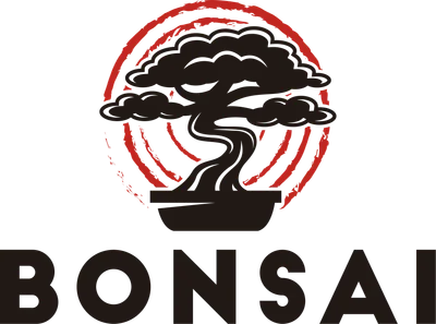 Hình ảnh cây bonsai đen với vòng tròn đỏ phía sau, bên dưới có chữ BONSAI.