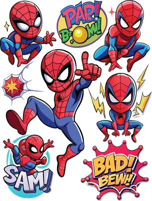 Nhiều hình ảnh Spiderman phiên bản chibi với các tư thế khác nhau, có chữ 'PAR! BOOM!' và 'BAD! BEW!'
