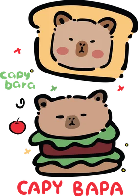 Hình minh họa hai chú capybara hoạt hình dễ thương, một con trong bánh mì nướng, một con tạo hình burger, trên nền xám.