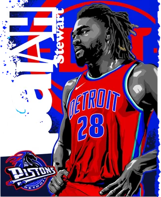 Hình ảnh minh họa cầu thủ bóng rổ Isaiah Stewart của đội Detroit Pistons, mặc áo số 28.