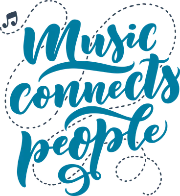 Hình ảnh chữ thư pháp màu xanh ngọc 'Music connects people' với nốt nhạc và đường nét chấm bi trang trí trên nền xám.