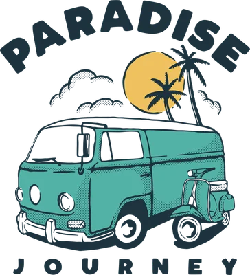 Hình minh họa xe van cổ điển màu xanh ngọc và xe scooter, có cây cọ, mặt trời, mây, chữ 'PARADISE JOURNEY' trên nền xám.