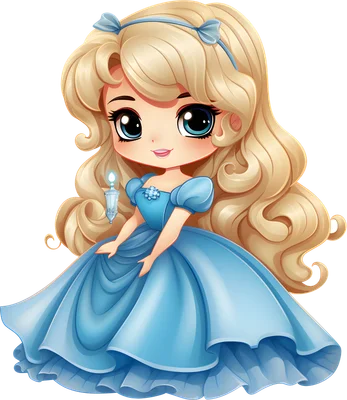 Hình vẽ công chúa chibi tóc vàng, mắt xanh to tròn, mặc váy dạ hội màu xanh dương, tay cầm vật phát sáng, phong cách hoạt hình dễ thương.