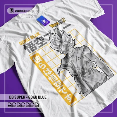 Hình in chuyển nhiệt nhân vật Goku Blue trong Dragon Ball Super, phong cách anime, có chữ tiếng Nhật.
