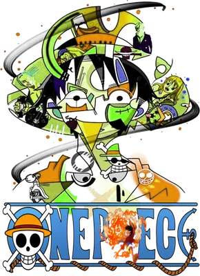 Hình ảnh trừu tượng các nhân vật One Piece với màu sắc tươi sáng và đường nét độc đáo, logo One Piece ở dưới.