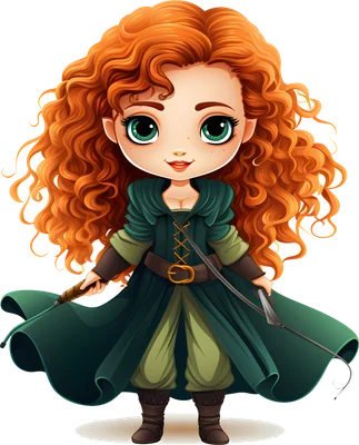 Hình ảnh công chúa Merida tóc đỏ trong phong cách chibi đáng yêu, mặc áo choàng xanh lá, cầm cung tên.