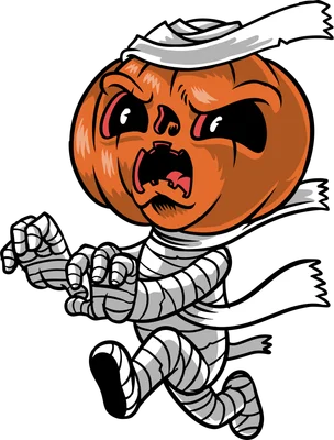 Hình vẽ hoạt hình bí ngô hóa trang xác ướp Halloween đang chạy, với khuôn mặt giận dữ hoặc sợ hãi, màu cam và trắng trên nền xám.