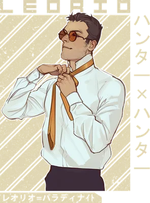 Hình vẽ nhân vật Leorio Paradinight từ anime Hunter x Hunter đang thắt cà vạt màu vàng cam, đeo kính râm, mặc áo sơ mi trắng.