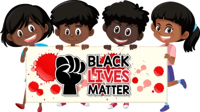 Bốn trẻ em da màu vui vẻ cầm biểu ngữ "Black Lives Matter" với hình nắm đấm và vệt sơn đỏ.