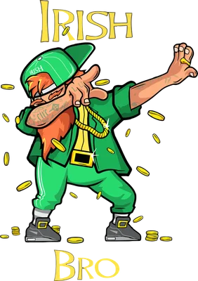 Chú lùn Leprechaun râu đỏ đội mũ xanh thực hiện động tác dabbing với tiền vàng bay xung quanh