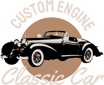 Hình minh họa xe hơi cổ điển màu đen trắng với chữ 'CUSTOM ENGINE' và 'Classic Car' trên nền xám và nâu.