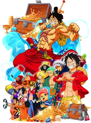 Nhóm nhân vật One Piece với Monkey D. Luffy ở trung tâm, xung quanh là các thành viên khác và kho báu vàng.