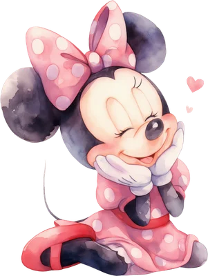 Hình ảnh Minnie Mouse hoạt hình dễ thương với nơ hồng chấm bi, phong cách màu nước, đang tựa cằm mỉm cười hạnh phúc.