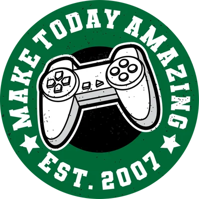 Hình tròn màu xanh lá cây với tay cầm chơi game trắng đen, chữ 'MAKE TODAY AMAZING' và 'EST. 2007'.