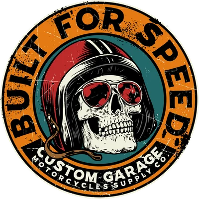 Logo hình đầu lâu đội mũ bảo hiểm phong cách vintage với dòng chữ Built For Speed