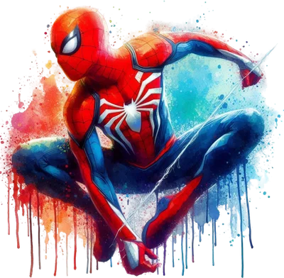 Spider-Man trong tư thế copping heart, phong cách watercolor với hiệu ứng nước chảy màu đỏ xanh cam trên nền xám