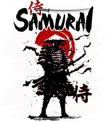 Hình ảnh chiến binh Samurai mặc giáp đen, đội nón, đứng dưới trăng đỏ, có kiếm và chữ Nhật.
