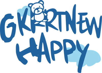 Hình in chữ GKR TNEW HAPPY màu xanh với hình gấu trắng hoạt hình và đám mây xanh nhạt trên nền xám.