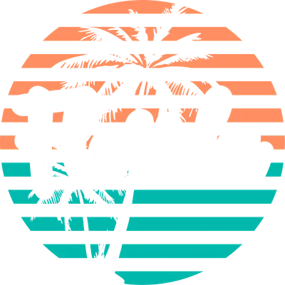 Hình ảnh biểu tượng Florida với chữ viết tay màu trắng, cây cọ và các sọc ngang màu cam và xanh ngọc bích trên nền xám.