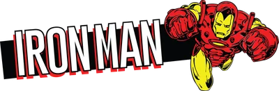 Hình ảnh Iron Man đang bay lượn với bộ giáp đỏ vàng đặc trưng, chữ 'IRON MAN' lớn phía trước.