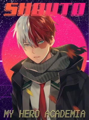 Shoto Todoroki từ My Hero Academia với mái tóc hai màu, đeo khăn và cà vạt đỏ, trên nền retro màu hồng và tím.