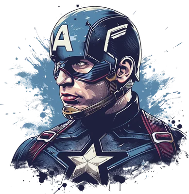 Hình minh họa Captain America với mũ và trang phục siêu anh hùng, phong cách truyện tranh, nền xám với vệt sơn xanh