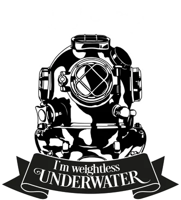 Hình minh họa mũ lặn cổ điển màu đen trắng với dòng chữ "Why Diet?" và "I'm weightless UNDERWATER"