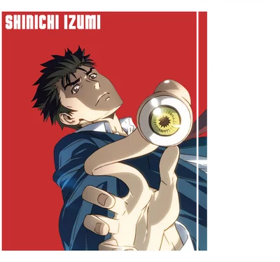 Nhân vật anime Shinichi Izumi trong bộ vest xanh, tay cầm một con mắt, nền đỏ.