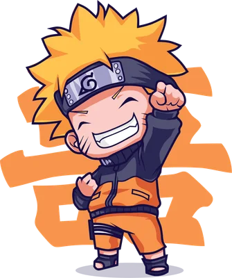 Hình vẽ chibi Naruto với mái tóc vàng, đeo băng trán lá, mặc trang phục cam đen, đang vui vẻ đấm tay lên.