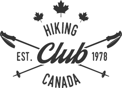 Logo hình tròn với gậy leo núi bắt chéo, lá phong Canada, chữ 'Hiking Club Canada Est. 1978'