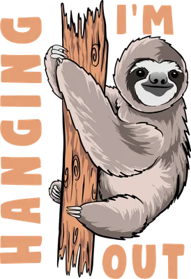 Hình vẽ hoạt hình chú lười màu xám treo trên cành cây khô với dòng chữ 'I'M HANGING OUT' màu cam trên nền xám.