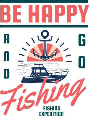 Hình ảnh minh họa thuyền câu cá với mỏ neo và mặt trời mọc, kèm thông điệp 'Be Happy And Go Fishing'