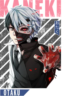 Hình minh họa Kaneki Ken từ Tokyo Ghoul với một nửa khuôn mặt bình thường, nửa còn lại bị biến đổi với mắt đỏ và mặt nạ, tay dính máu.