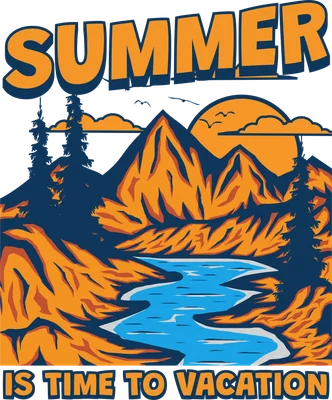 Hình minh họa phong cảnh núi non, sông nước, cây cối với mặt trời mọc và dòng chữ 'SUMMER IS TIME TO VACATION'.