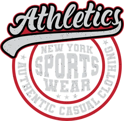 Hình in chữ Athletics phong cách retro với viền đỏ và hiệu ứng cũ kỹ, kèm vòng tròn New York Sports Wear.