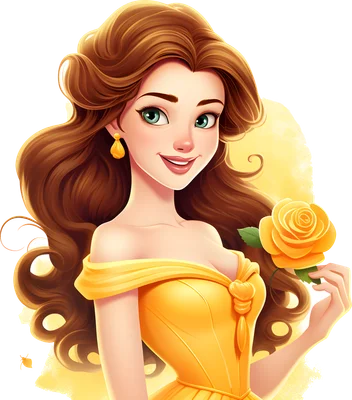 Hình minh họa nàng công chúa Belle tóc nâu, mắt xanh, mặc váy vàng, mỉm cười và cầm hoa hồng vàng.