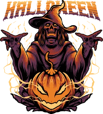 Hình ảnh phù thủy đội mũ, bộ xương và bí ngô Halloween với khuôn mặt đáng sợ, bao quanh bởi khói và lửa.