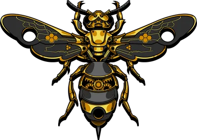 Hình ảnh minh họa ong cơ khí với màu vàng và đen, phong cách steampunk, có bánh răng và chi tiết máy móc.