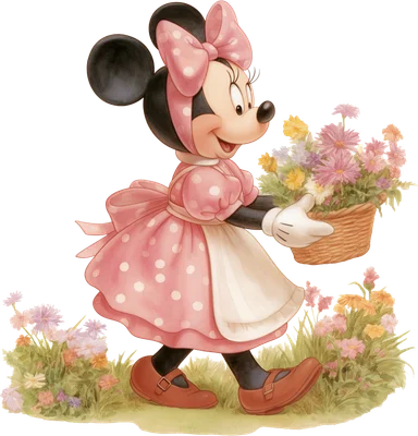 Minnie Mouse hoạt hình mặc váy hồng chấm bi, đội nơ hồng, cầm giỏ hoa tươi tắn đi dạo giữa đồng cỏ.
