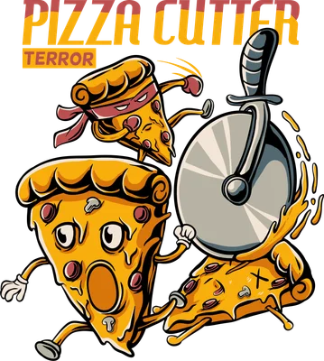Hình minh họa các miếng pizza hoạt hình đang chạy trốn khỏi dao cắt pizza, phong cách retro vui nhộn