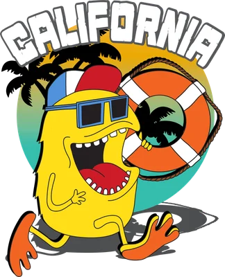 Hình minh họa quái vật màu vàng đeo kính râm, đội mũ, cầm phao cứu sinh với chữ California phong cách hoạt hình