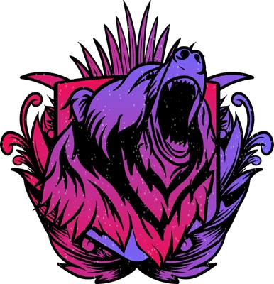 Hình ảnh một con gấu gầm gừ với hiệu ứng gradient màu tím và hồng neon, bao quanh bởi các họa tiết lá cây cách điệu.